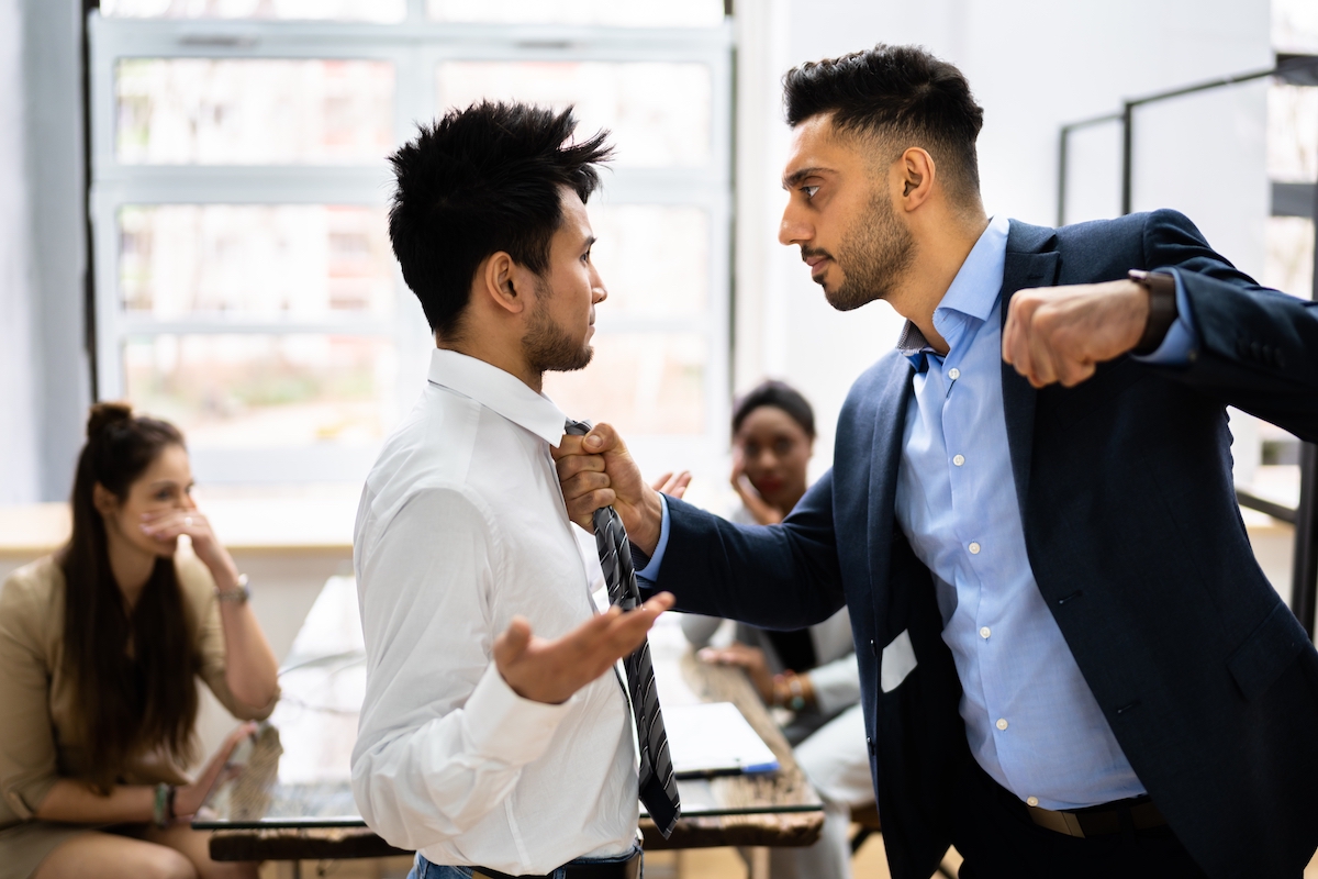 Man Fight At Workplace. Impolite Argument. Person Argue