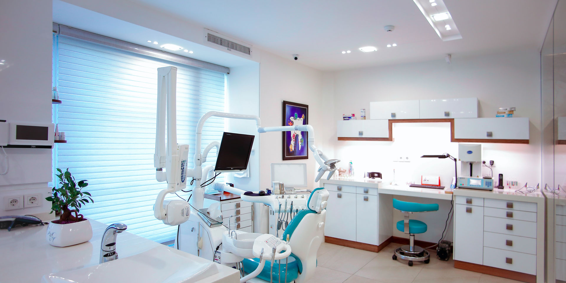 The white interior of a dentist office. Dentist office.